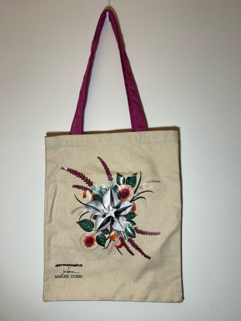 Dermalogica x Julie Wilkins Makerie Studio Floral Canvas Tote with Pink Handles